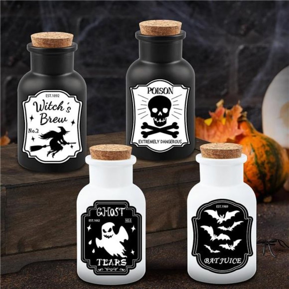 4Pcs Halloween Decor Potion Bottles with Stickers, New in Box